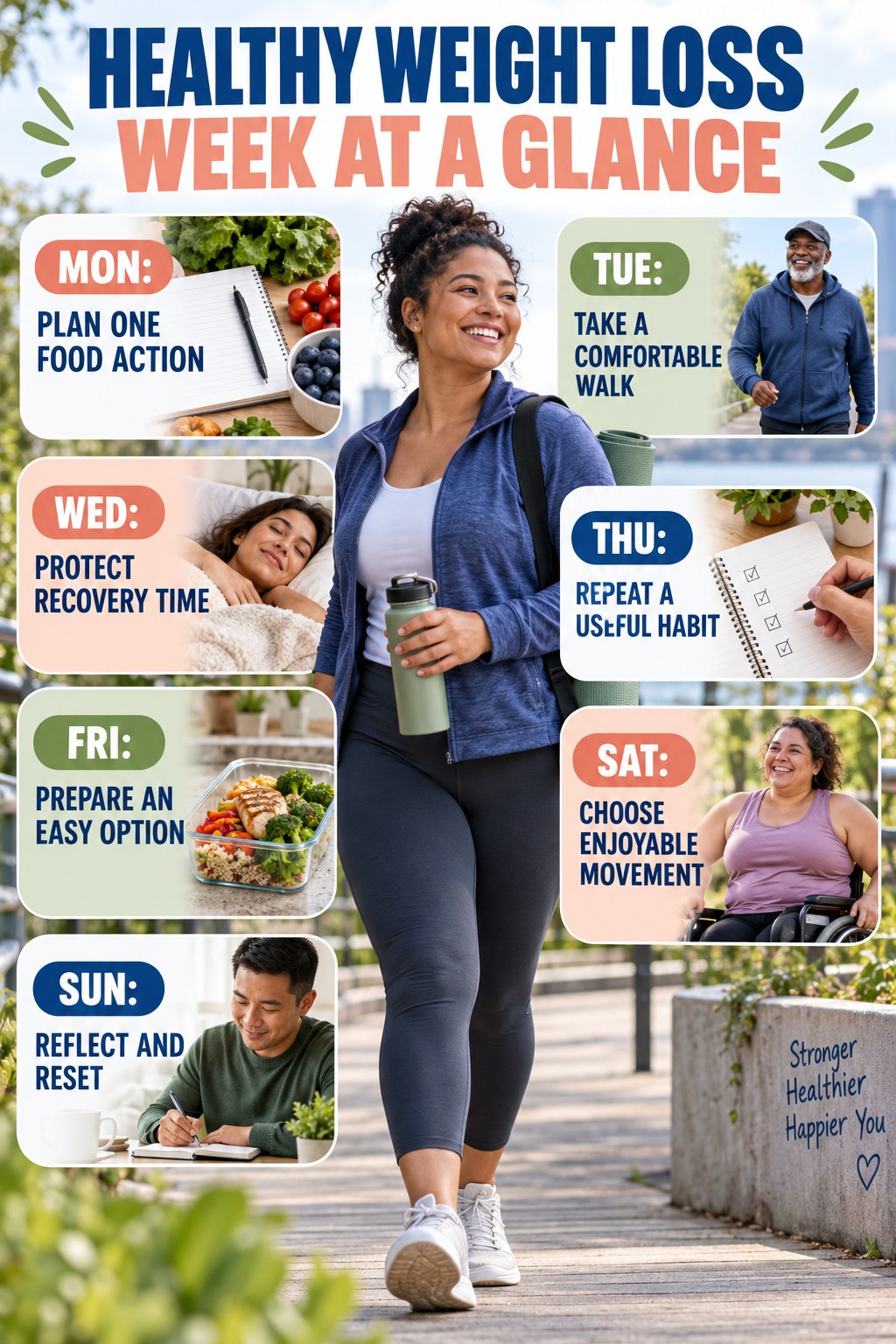 Weekly Healthy Weight Loss plan graphic with concise Monday-to-Sunday actions and flexible recovery guidance.