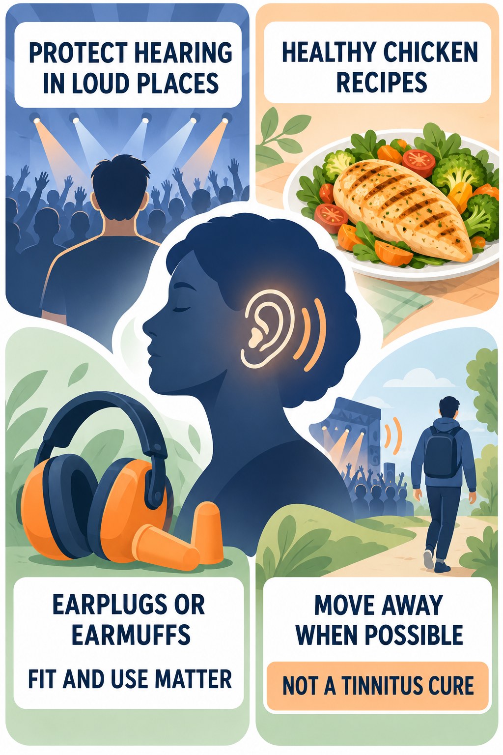 Hearing Protection Habits infographic for Healthy Chicken Recipes with four concise tinnitus-awareness points.