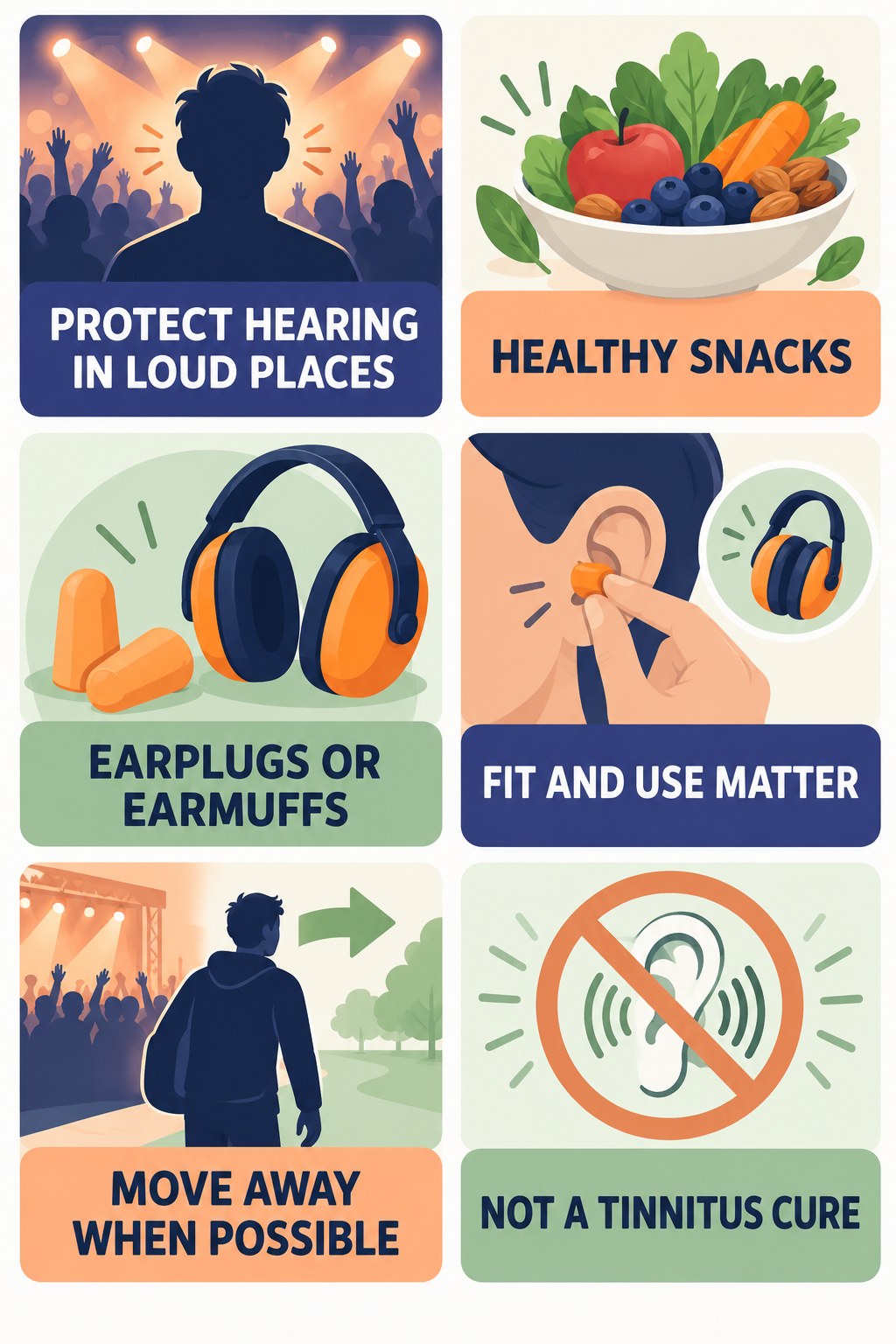 Hearing Protection Habits infographic for Healthy Snacks with four concise tinnitus-awareness points.