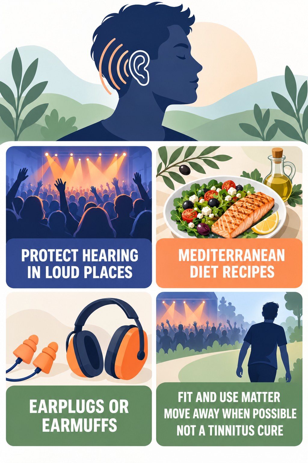 Hearing Protection Habits infographic for Mediterranean Diet Recipes with four concise tinnitus-awareness points.