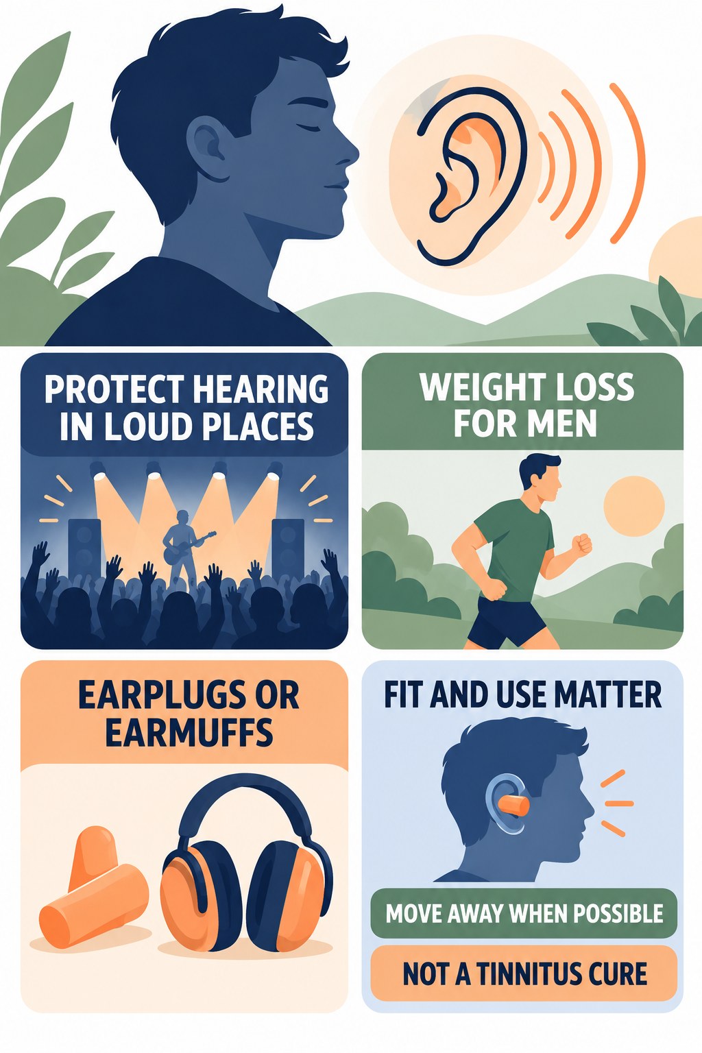 Hearing Protection Habits infographic for Weight Loss for Men with four concise tinnitus-awareness points.