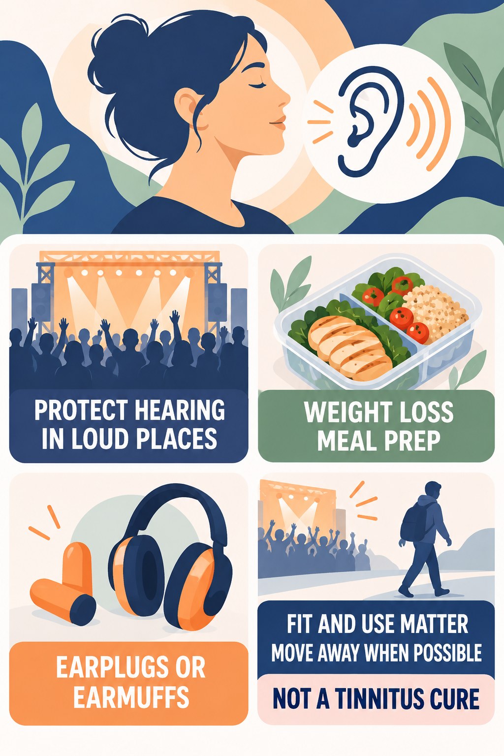 Hearing Protection Habits infographic for Weight Loss Meal Prep with four concise tinnitus-awareness points.