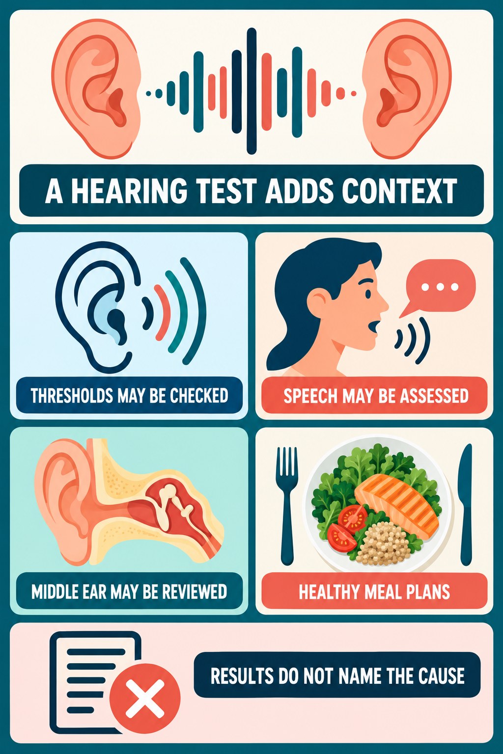 Hearing-Test Context for Tinnitus infographic for Healthy Meal Plans with four concise evaluation-guidance points.