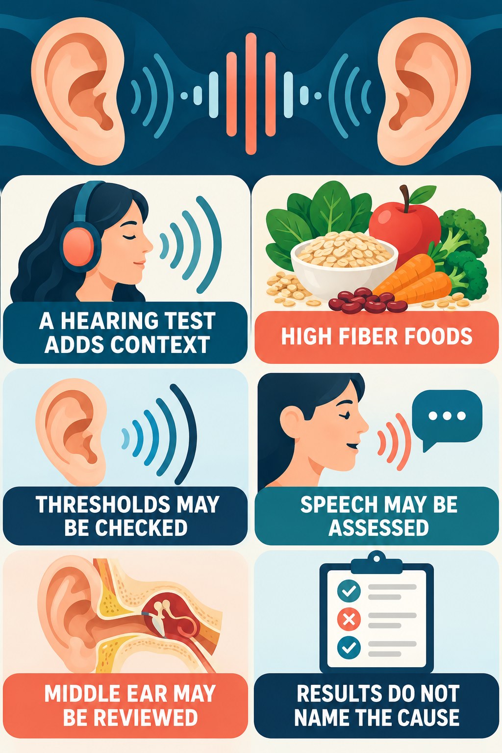 Hearing-Test Context for Tinnitus infographic for High Fiber Foods with four concise evaluation-guidance points.