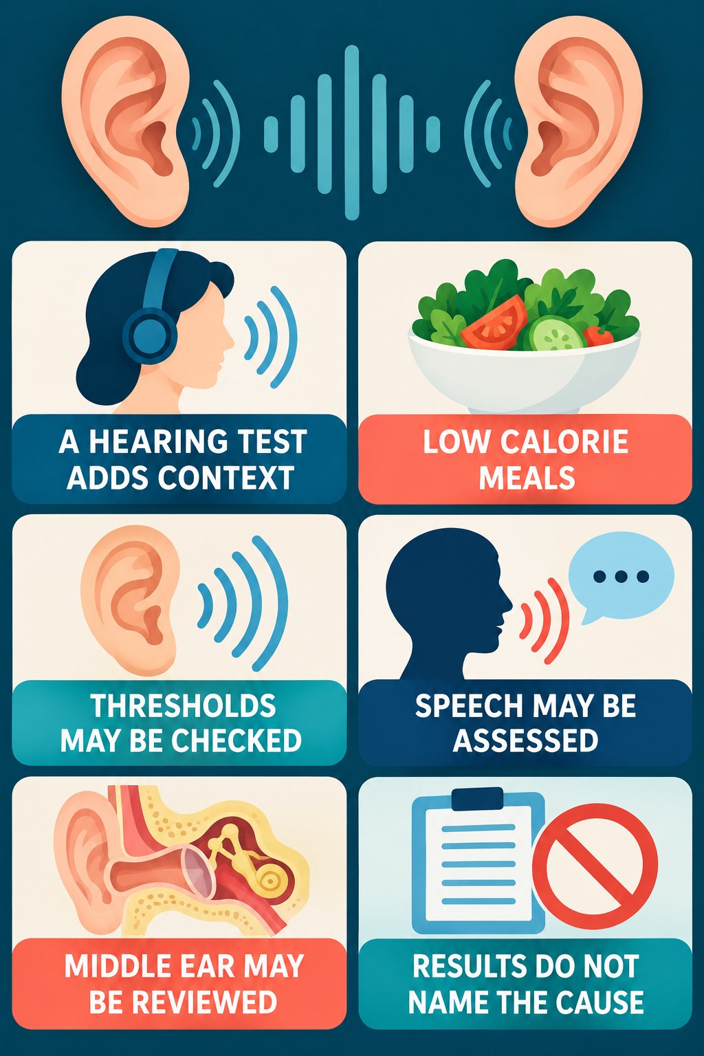 Hearing-Test Context for Tinnitus infographic for Low Calorie Meals with four concise evaluation-guidance points.