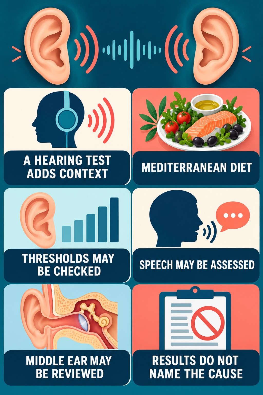 Hearing-Test Context for Tinnitus infographic for Mediterranean Diet with four concise evaluation-guidance points.