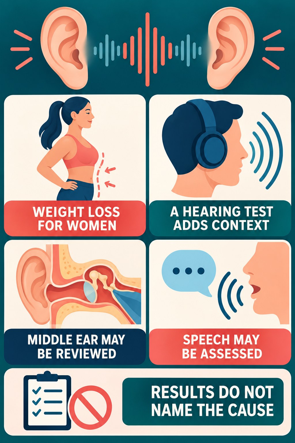 Hearing-Test Context for Tinnitus infographic for Weight Loss for Women with four concise evaluation-guidance points.