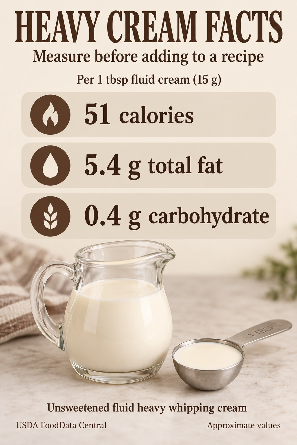 Heavy cream card listing 51 calories, 5.4 grams total fat and 0.4 grams carbohydrate per tablespoon of fluid cream weighing 15 grams.