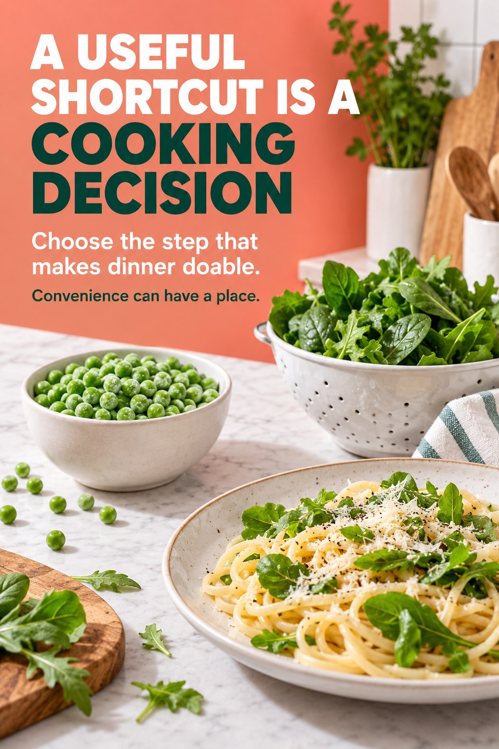 Frozen peas, washed greens, and a simple assembled pasta dish beside encouragement to use helpful kitchen shortcuts.