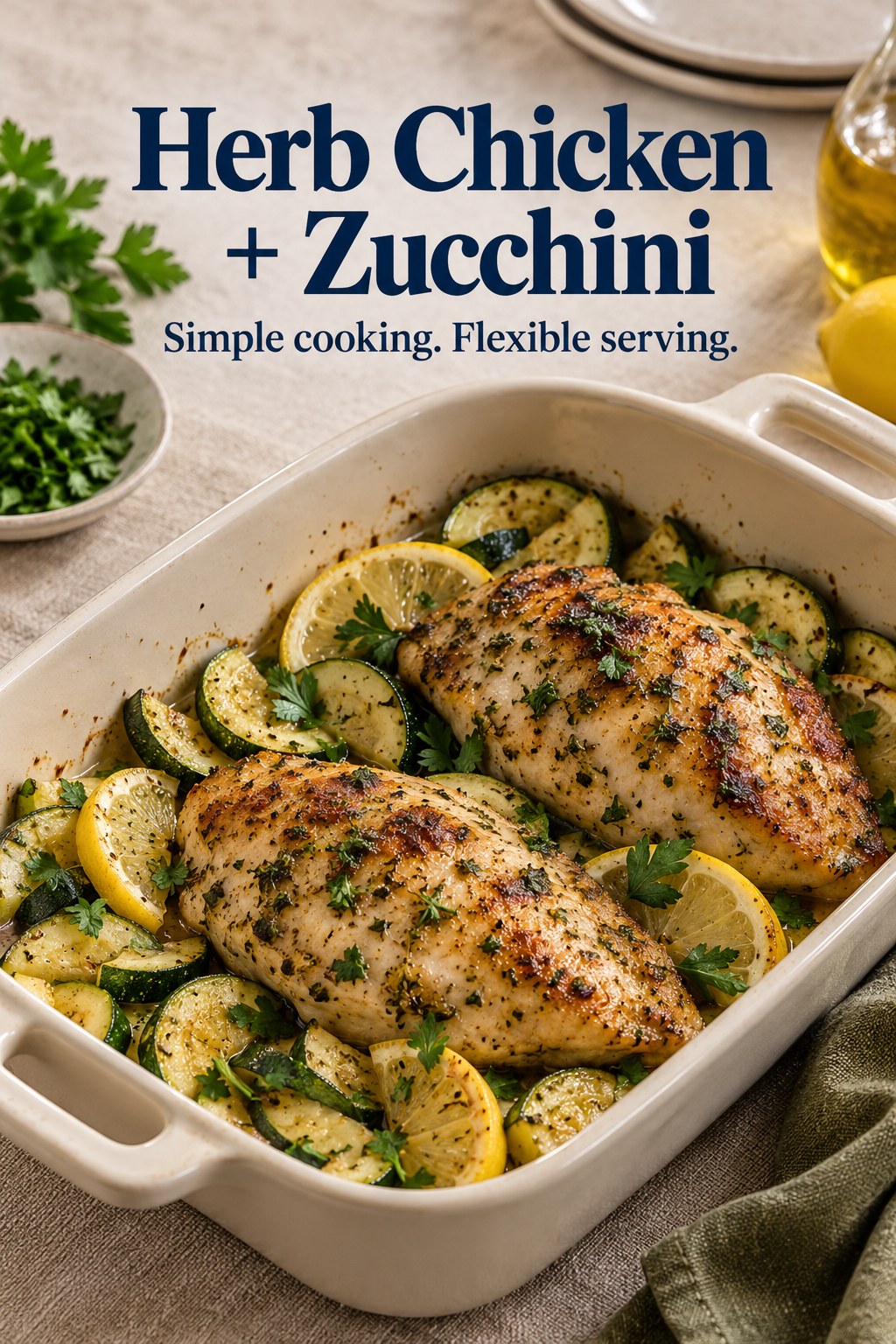 Herb chicken breast with roasted zucchini and lemon in a baking dish.