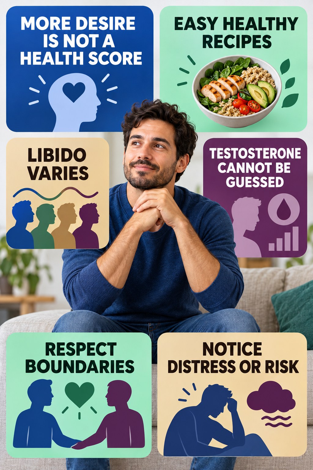 High Desire Does Not Prove Better Health infographic for Easy Healthy Recipes with four concise, non-shaming sexual-health education points.