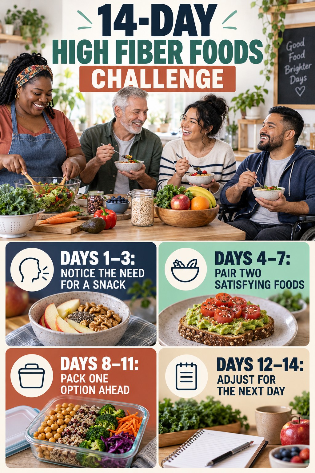 14-day High Fiber Foods challenge graphic showing four manageable milestones for consistent practice.