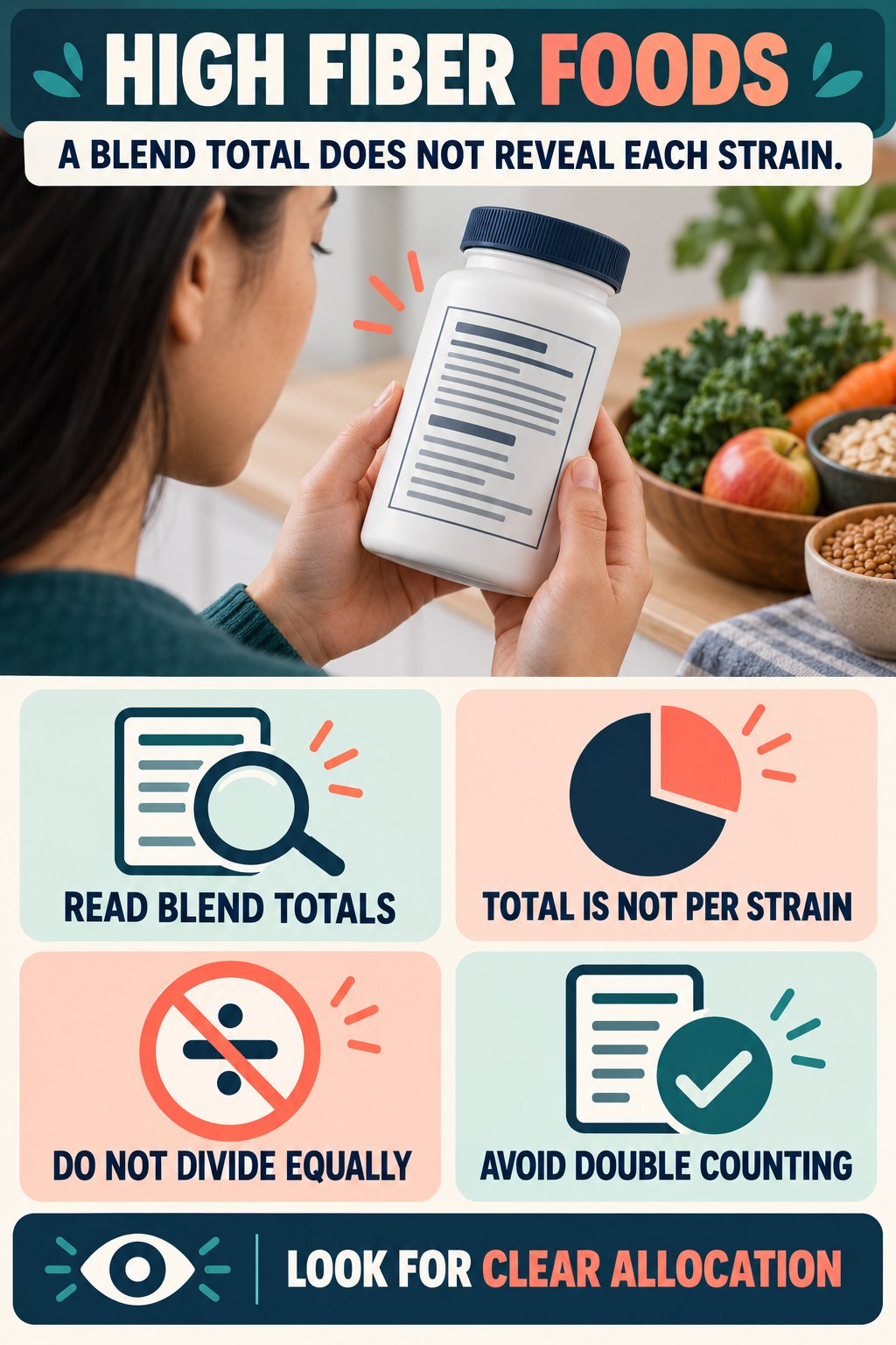 A Blend Total Does Not Reveal Each Strain infographic for High Fiber Foods with four concise probiotic-label reading points.