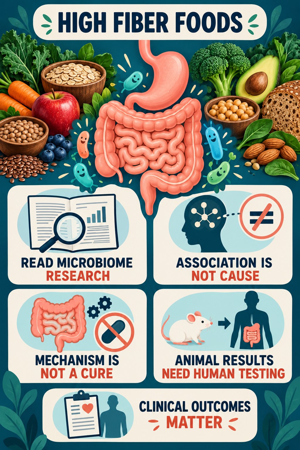 Association Is Not the Same as Cause educational infographic for High Fiber Foods with four evidence-aware points.