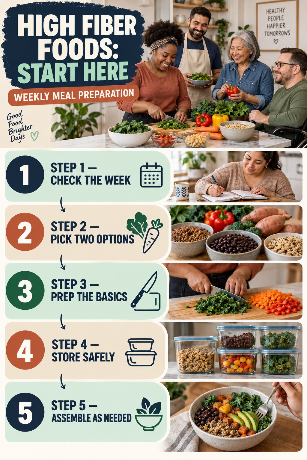 High Fiber Foods beginner guide graphic showing five manageable stages for weekly meal preparation.