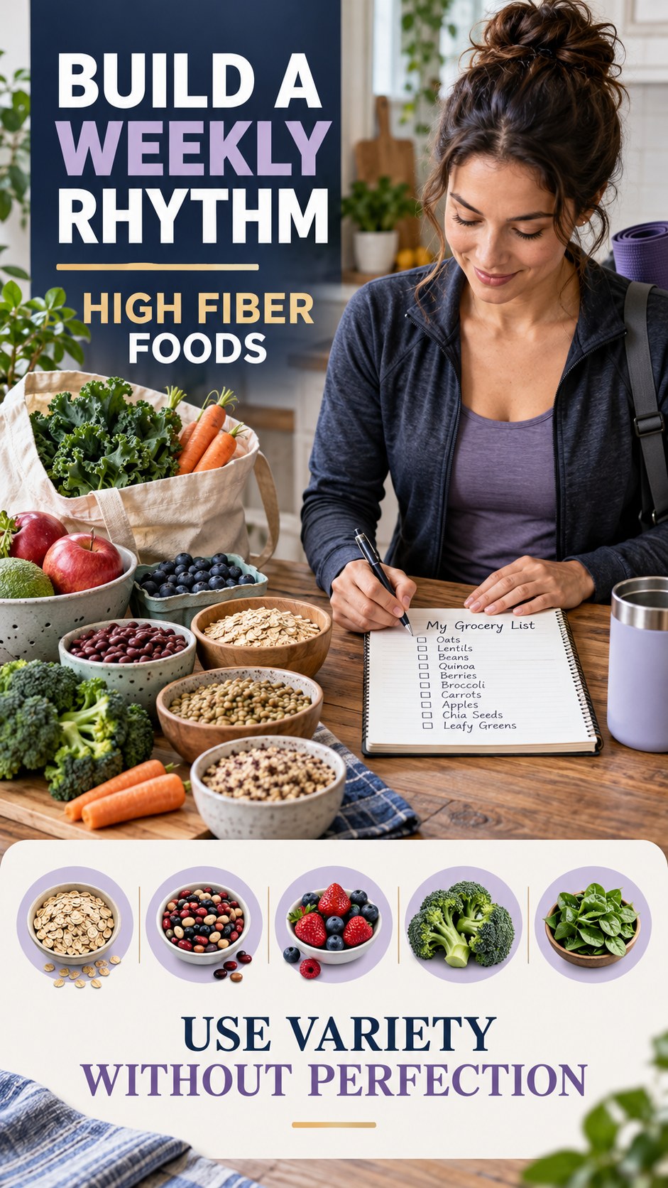 Food Variety Routine infographic for High Fiber Foods, showing practical metabolism-support habits for an active lifestyle.