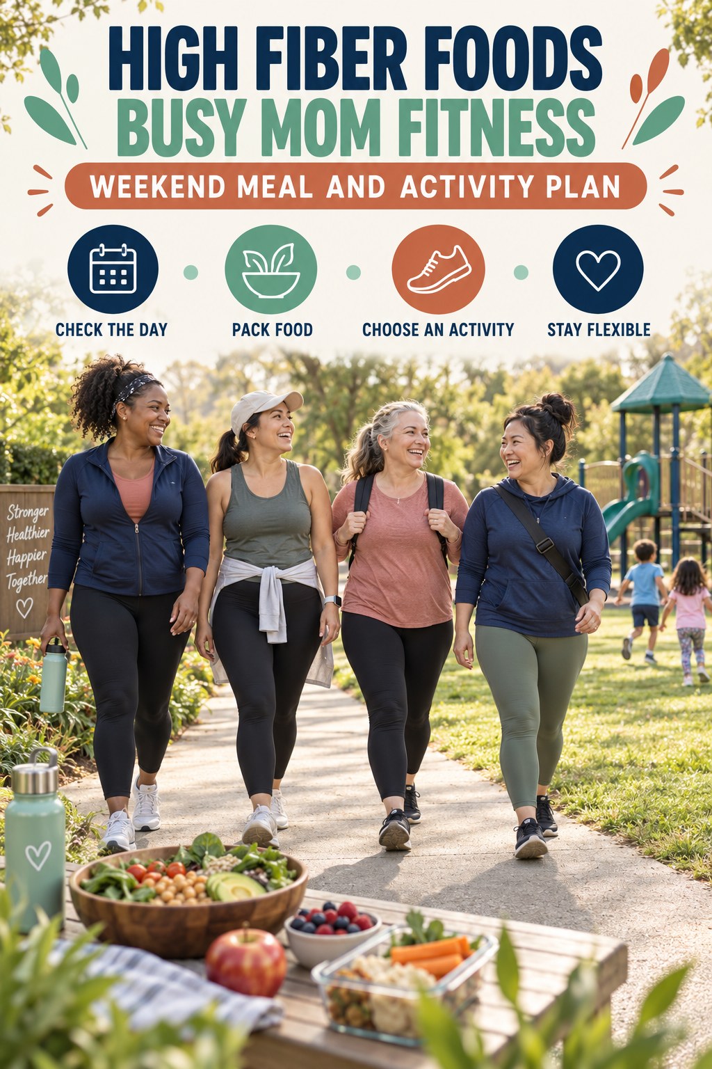 High Fiber Foods busy-mom fitness graphic titled Weekend Meal and Activity Plan with four practical movement prompts.
