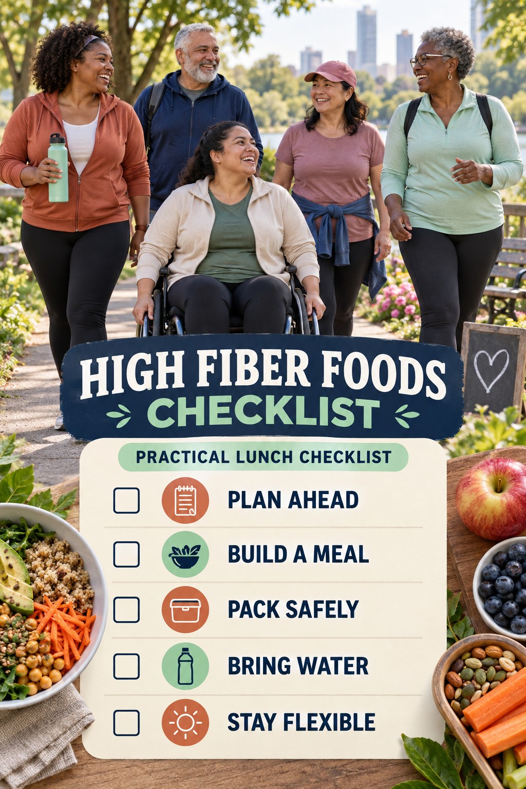 High Fiber Foods checklist graphic titled Practical Lunch Checklist with five clear practical wellness items.