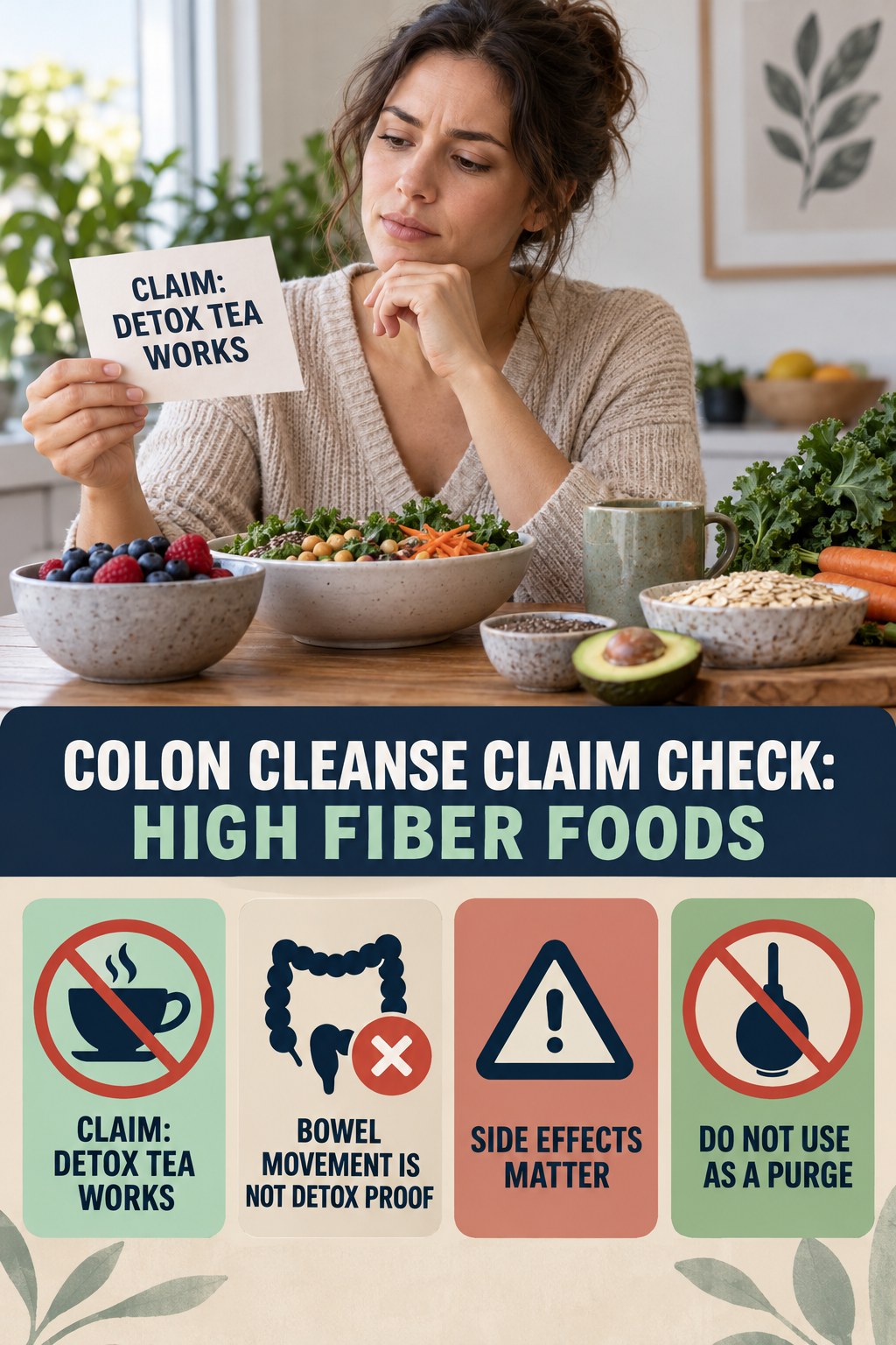 Detox Tea and Laxative Claims infographic for High Fiber Foods, separating a colon-cleanse marketing claim from evidence, reasonable conclusions, and safety context.