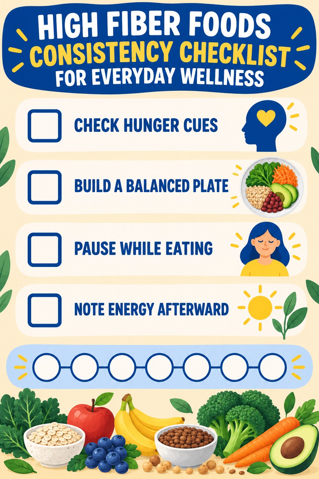 High Fiber Foods Consistency Checklist for Everyday Wellness infographic with checkboxes for check hunger cues, build a balanced plate, pause while eating, note energy afterward.