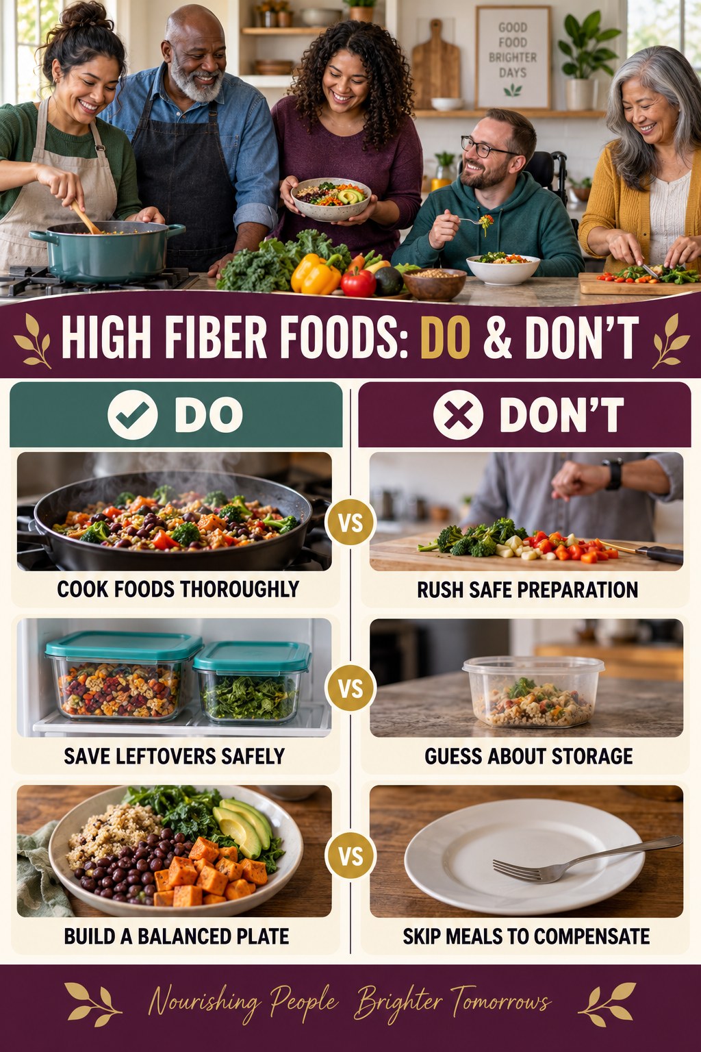 High Fiber Foods Do and Don’t comparison graphic showing three practical behavior pairs for balanced choices.