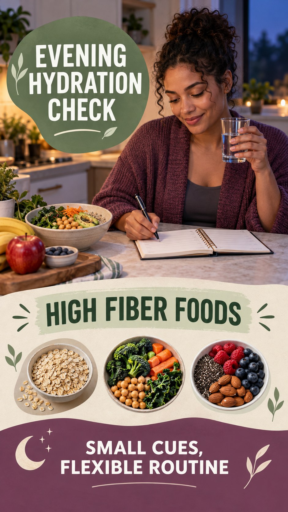 Evening Hydration Awareness infographic for High Fiber Foods, showing a flexible and calming evening wellness routine.