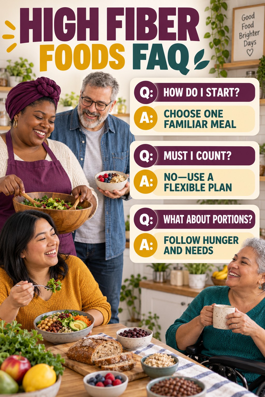 High Fiber Foods FAQ graphic with three concise questions and practical answers for beginners.