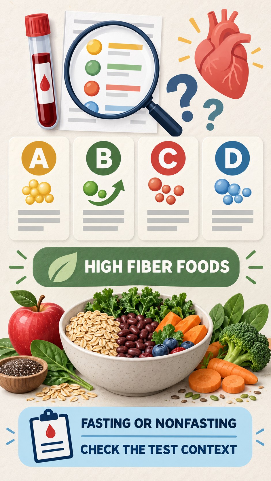 Fasting and Nonfasting Questions infographic for High Fiber Foods, using a non-numerical educational lipid-panel layout with question and context icons.