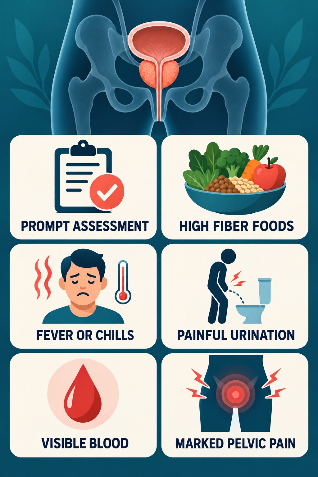 Fever, Chills, and Urinary Pain Need Prompt Assessment infographic for High Fiber Foods with four concise prostate-health awareness points.
