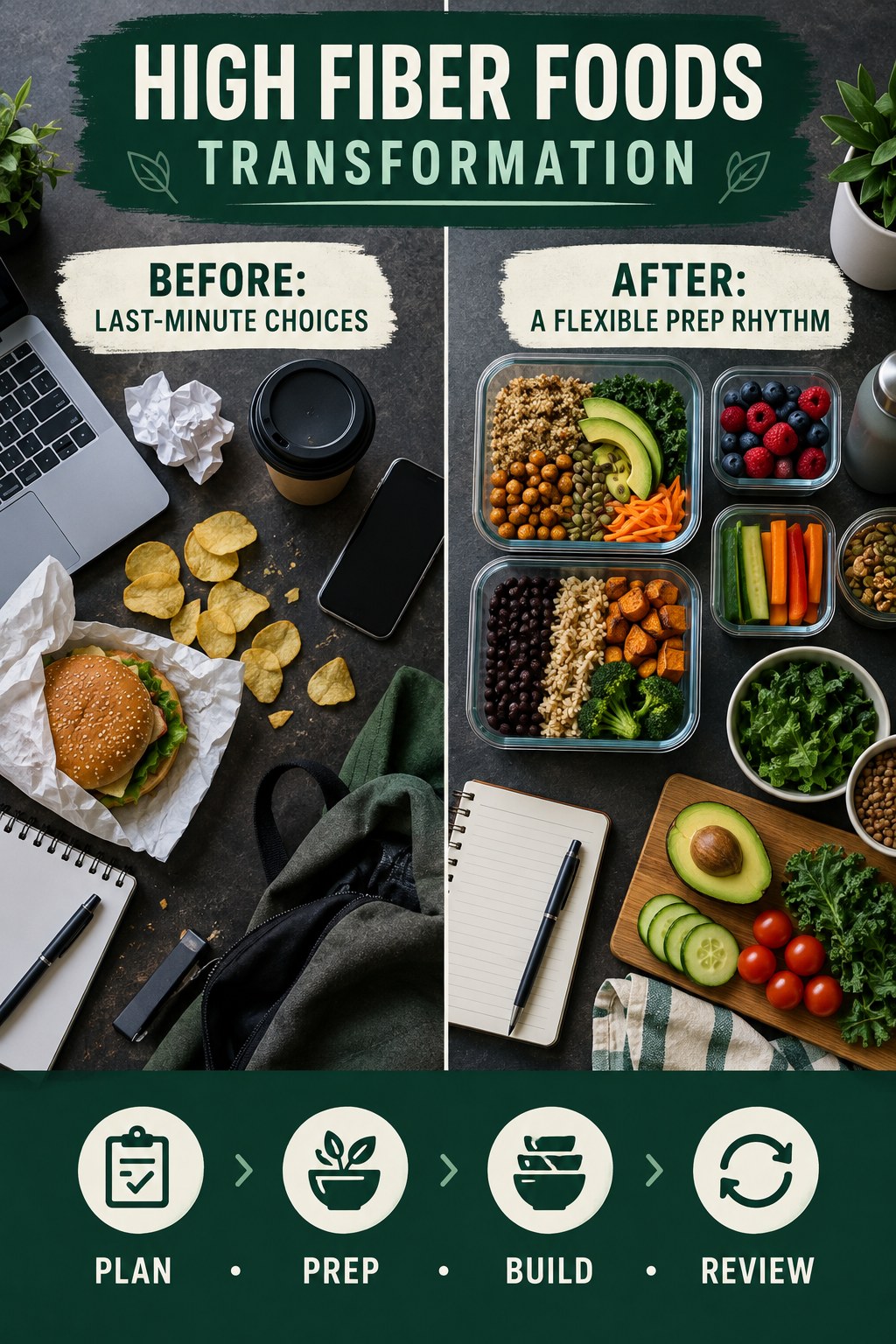 High Fiber Foods habit transformation graphic comparing last-minute choices with a flexible prep rhythm using four practical steps.
