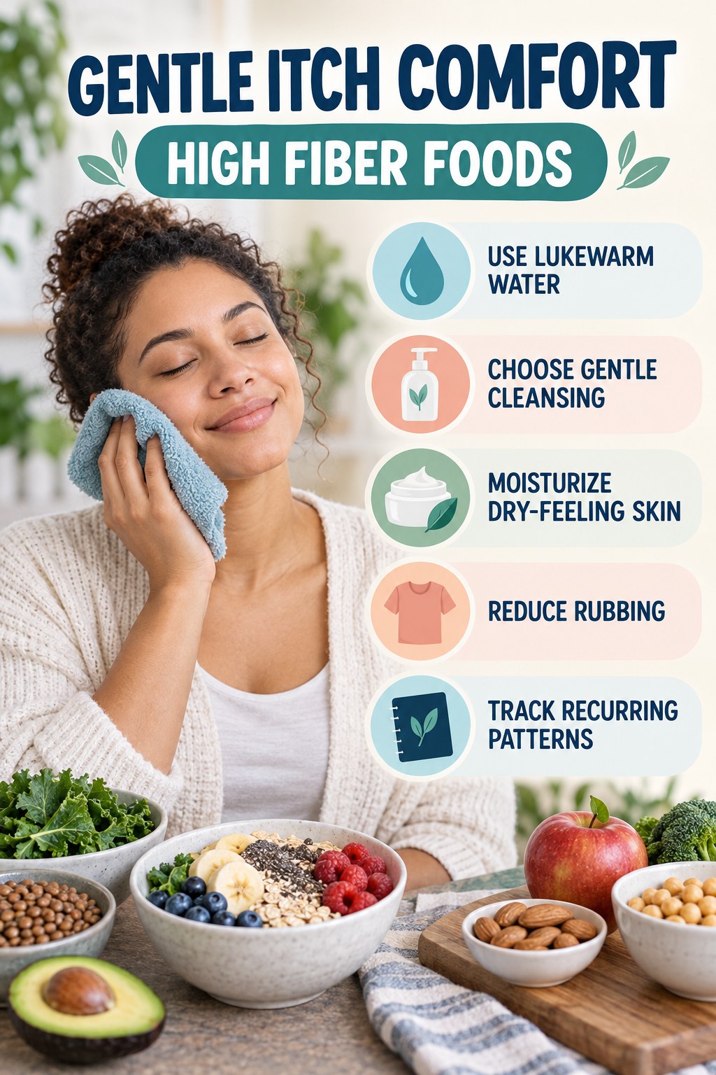 Gentle Everyday Comfort Routine infographic for High Fiber Foods with five gentle itchy-skin comfort strategies and a non-diagnostic safety focus.