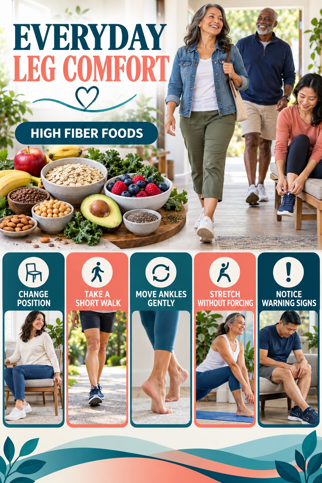 Gentle Everyday Leg Comfort infographic for High Fiber Foods with five gentle movement, position, footwear, recovery, or safety actions.