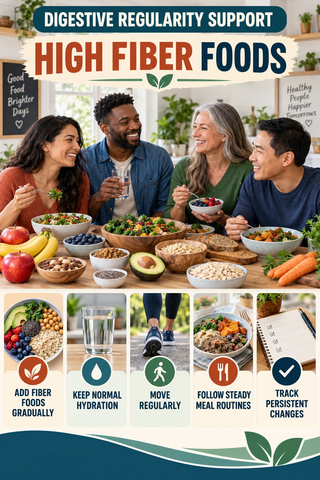 Gentle Everyday Regularity Habits infographic for High Fiber Foods with five practical food, hydration, movement, or routine actions and no cleanse claims.