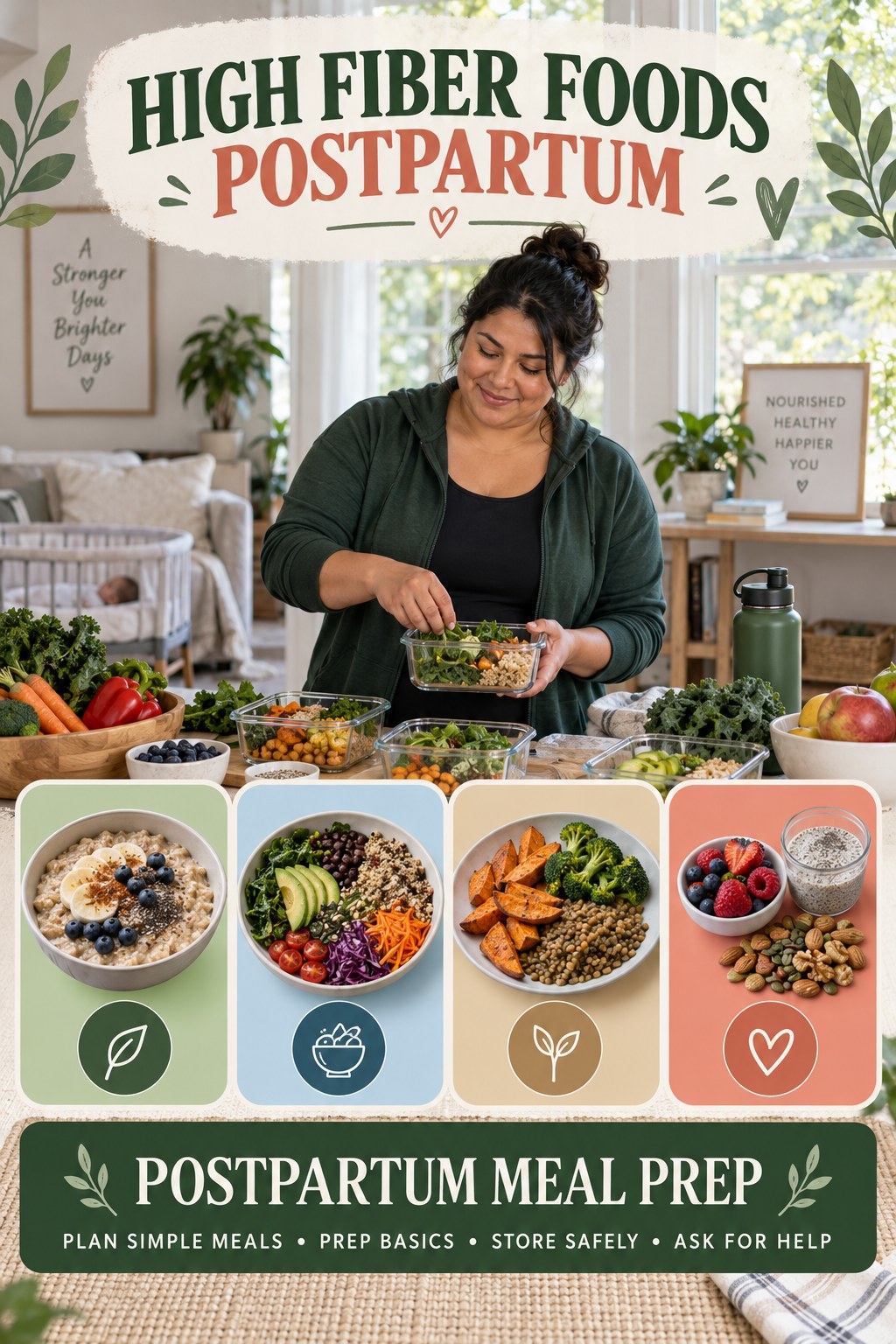 High Fiber Foods postpartum graphic titled Postpartum Meal Prep with four gradual recovery-aware prompts.