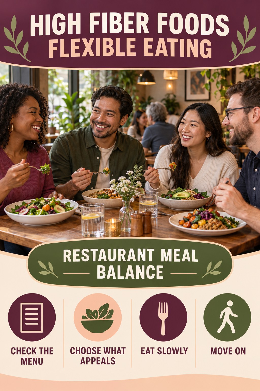 High Fiber Foods flexible eating graphic titled Restaurant Meal Balance with four practical balance prompts.