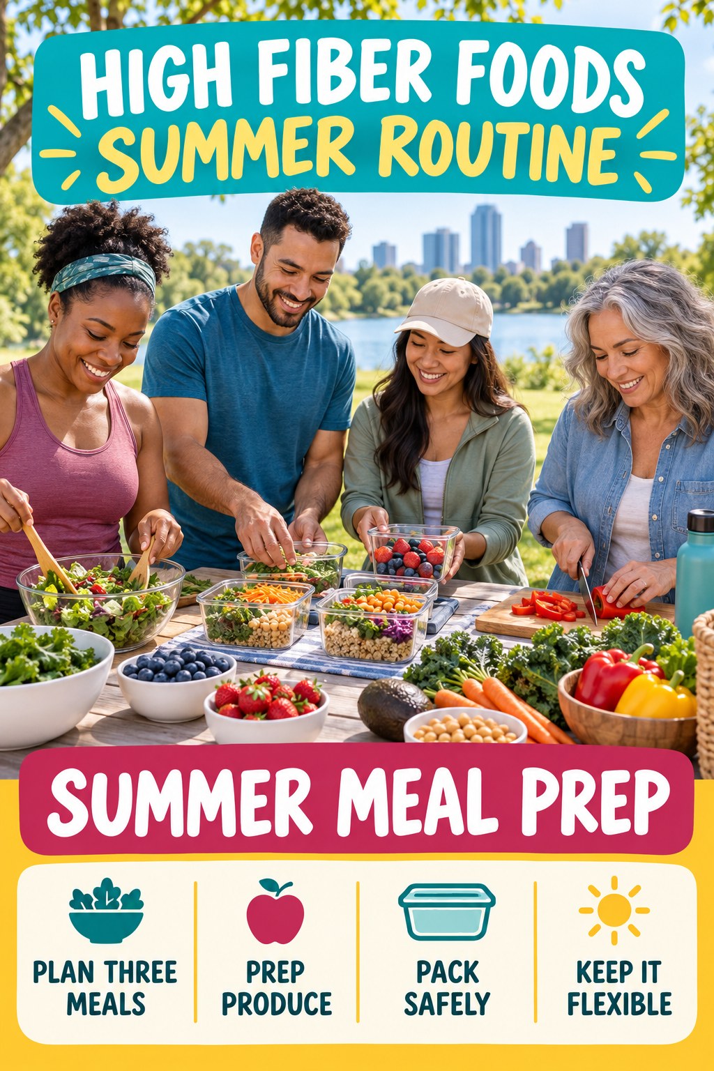 High Fiber Foods summer routine graphic titled Summer Meal Prep with four practical wellness prompts.