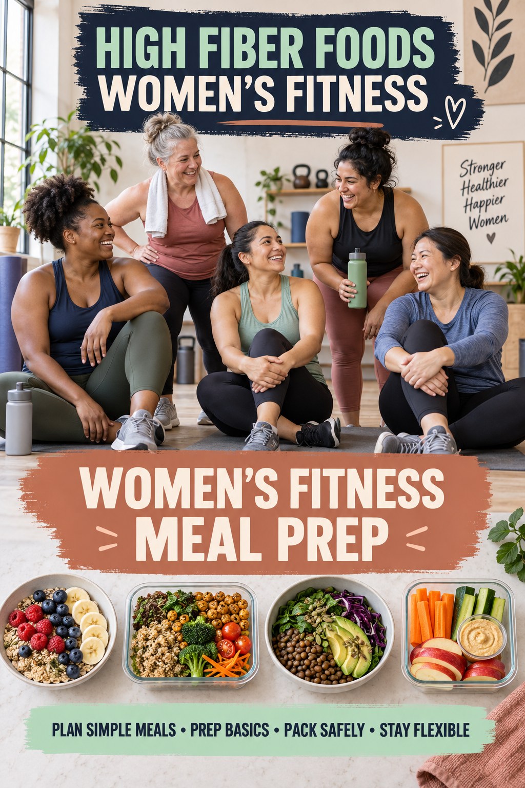 High Fiber Foods women’s fitness graphic titled Women’s Fitness Meal Prep with four practical training prompts.