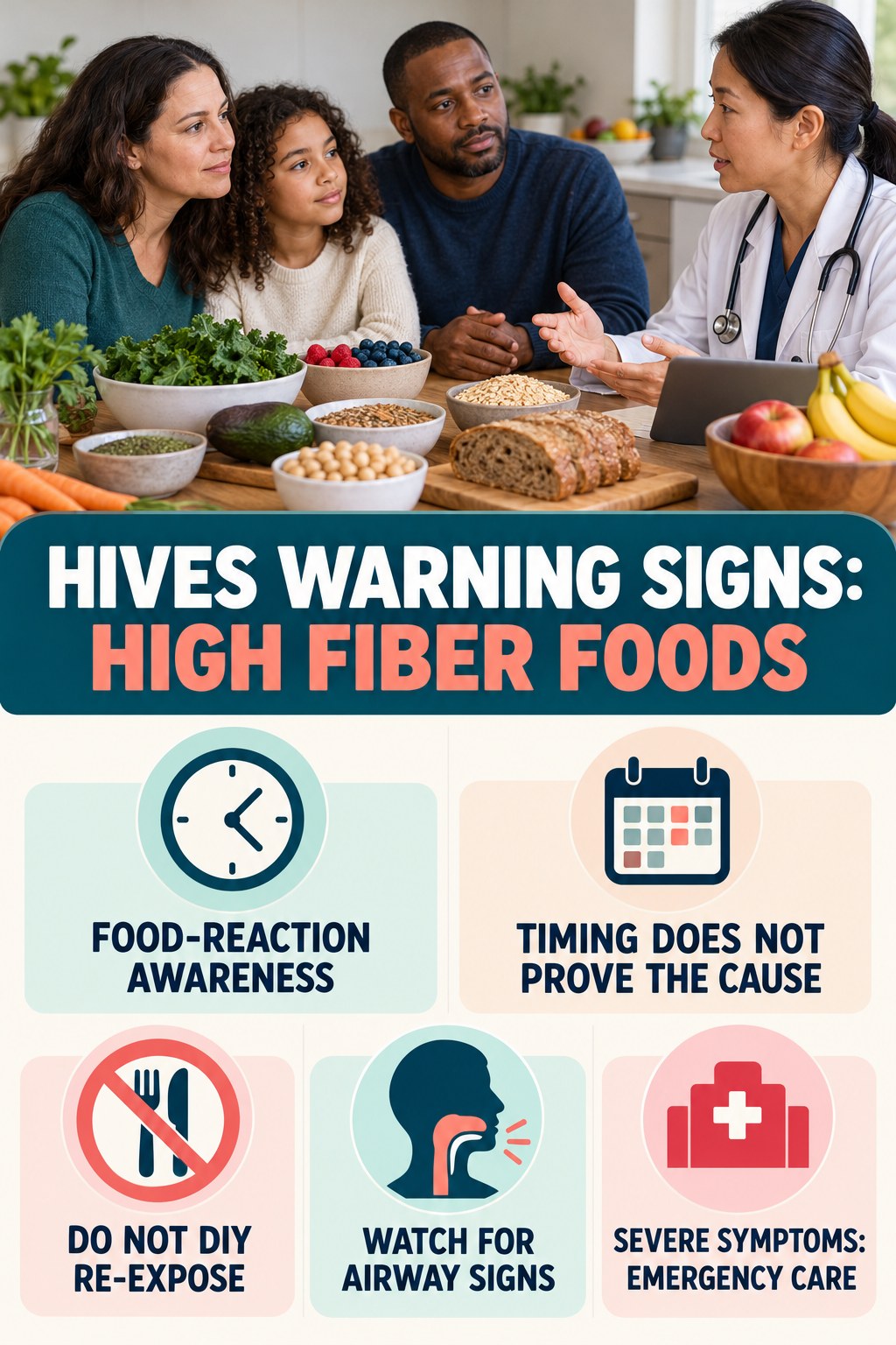 Food-Reaction Awareness infographic for High Fiber Foods, highlighting urgent breathing, throat, swelling, fainting, and rapid-progression warning signs without diagnosing hives.