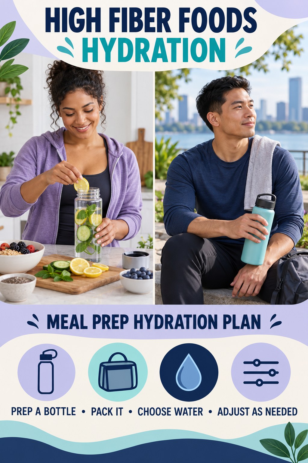 High Fiber Foods hydration graphic titled Meal Prep Hydration Plan with four flexible water-habit prompts and no fixed intake target.