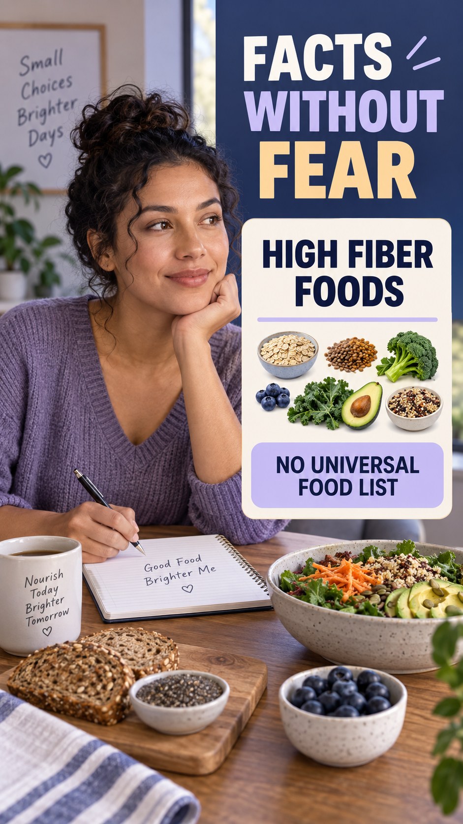Lysine and Arginine Caution infographic for High Fiber Foods, explaining that possible cold-sore triggers vary by person.