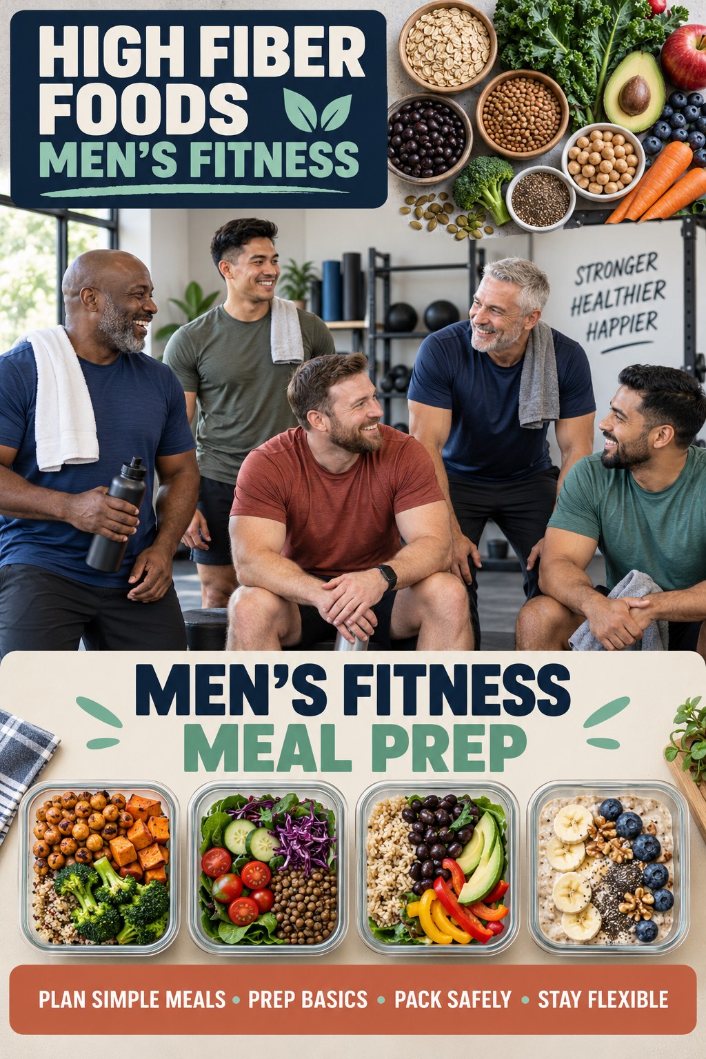 High Fiber Foods men’s fitness graphic titled Men’s Fitness Meal Prep with four practical training prompts.