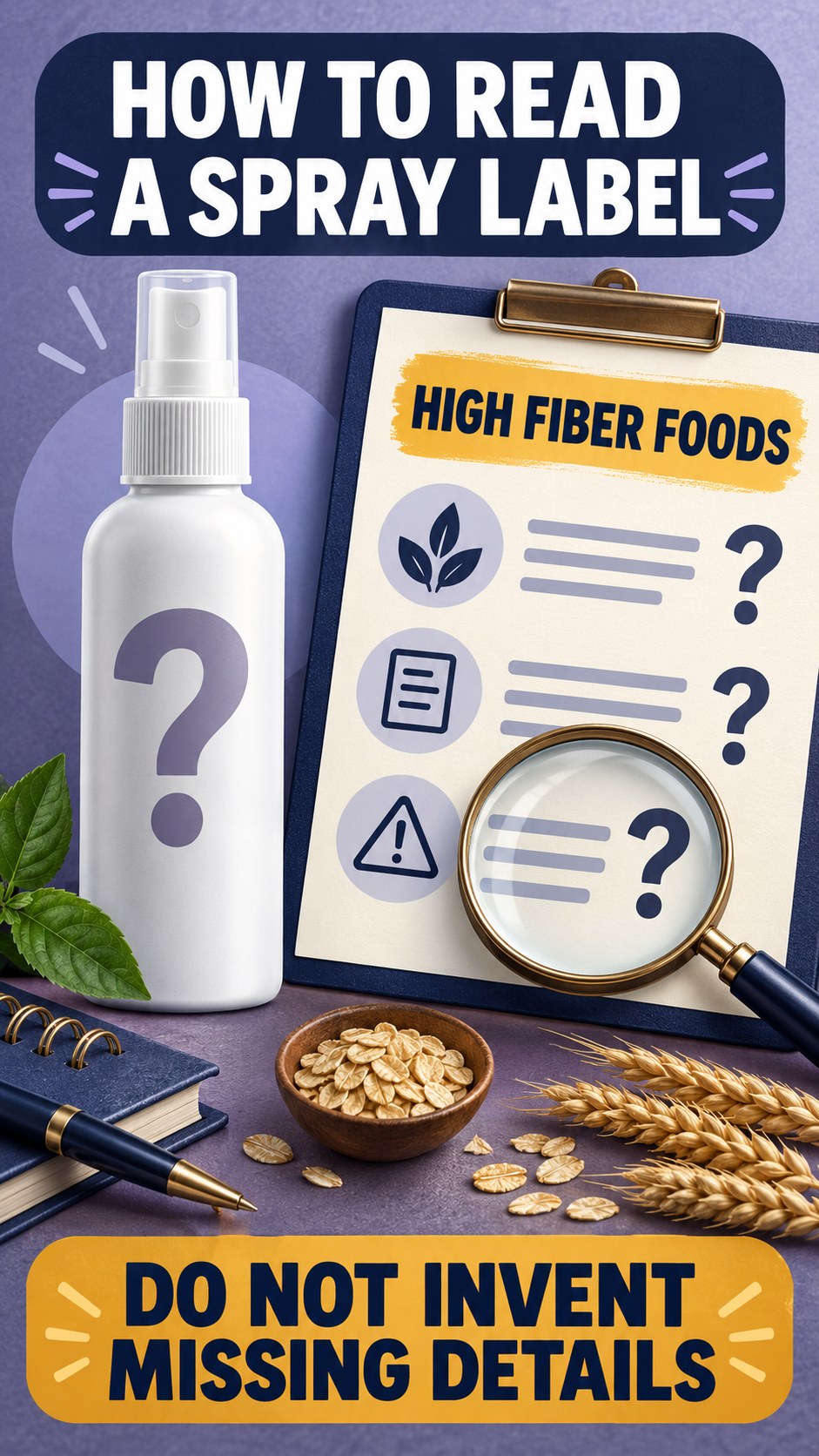 Missing Information Audit infographic for High Fiber Foods, showing a generic spray-label checklist that separates available facts, missing details, and evidence questions.