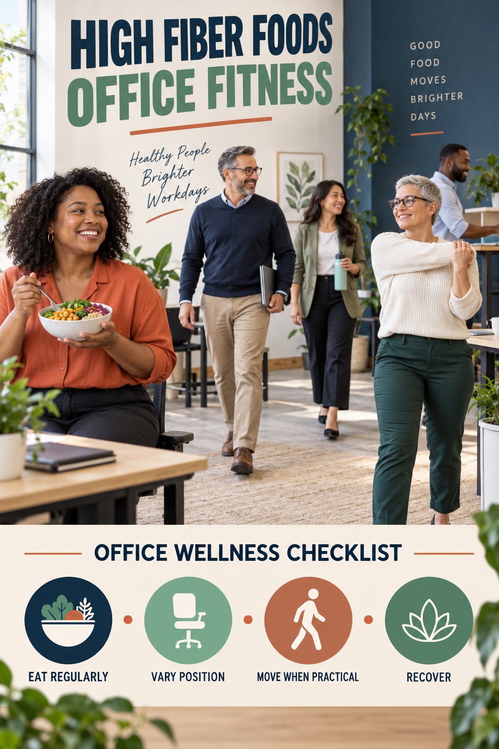 High Fiber Foods office-fitness graphic titled Office Wellness Checklist with four practical workday movement prompts.