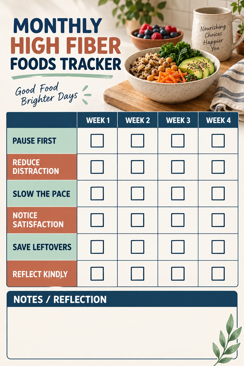 Monthly High Fiber Foods printable-style tracker graphic with six labeled rows, empty checkboxes, and a reflection area.
