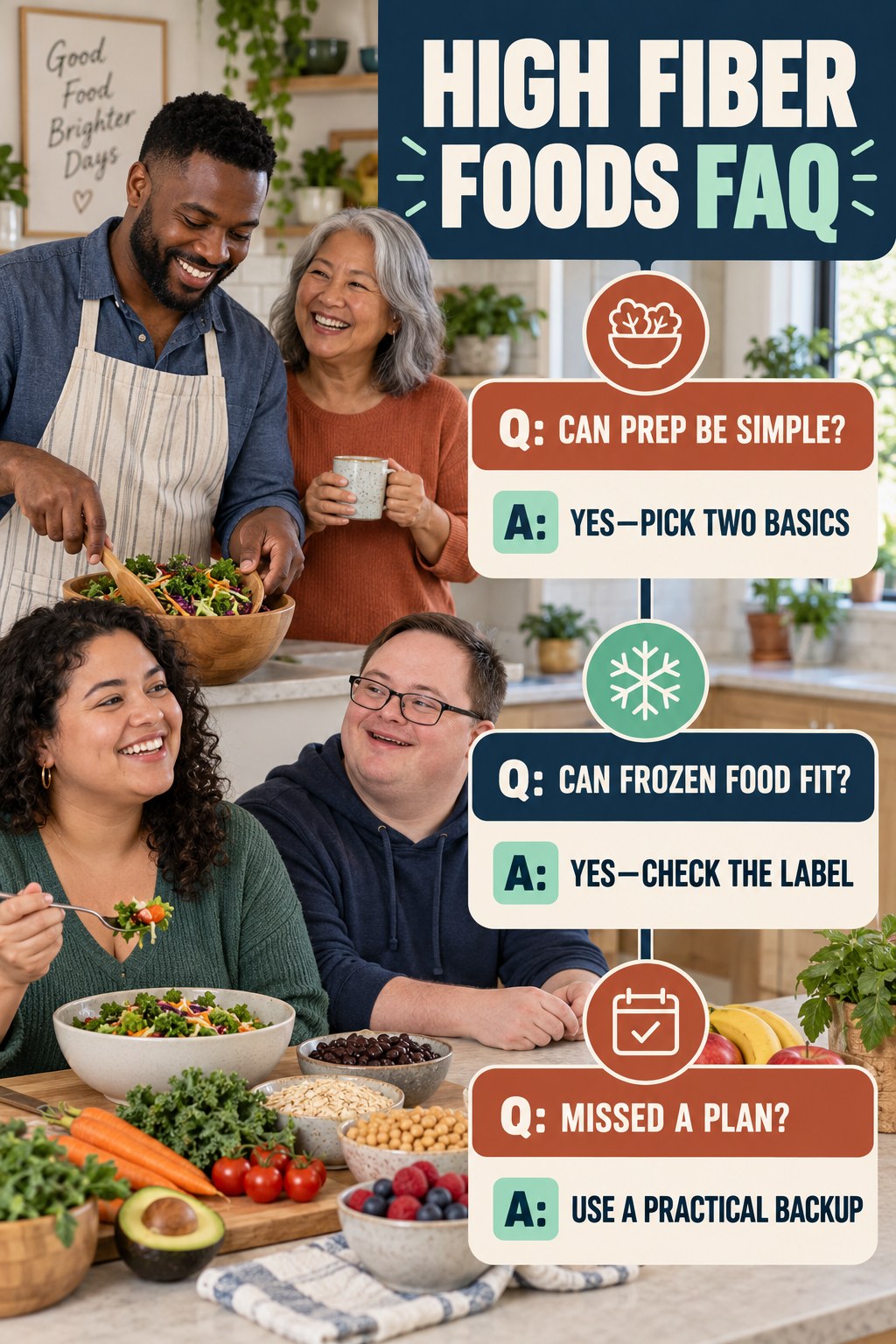 High Fiber Foods FAQ graphic with three concise questions and practical answers for beginners.