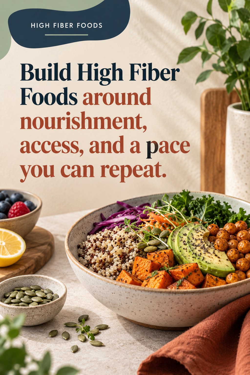 Original High Fiber Foods quote graphic reading “Build High Fiber Foods around nourishment, access, and a pace you can repeat.” in a board-relevant editorial design.