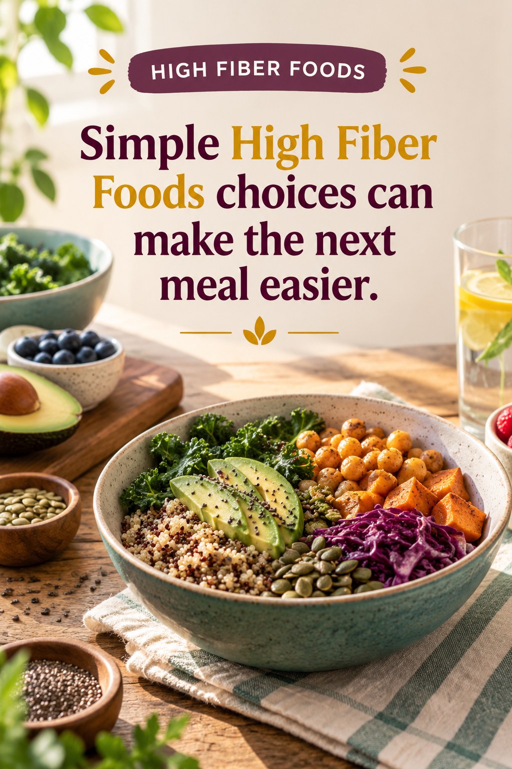 Original High Fiber Foods quote graphic reading “Simple High Fiber Foods choices can make the next meal easier.” in a board-relevant editorial design.