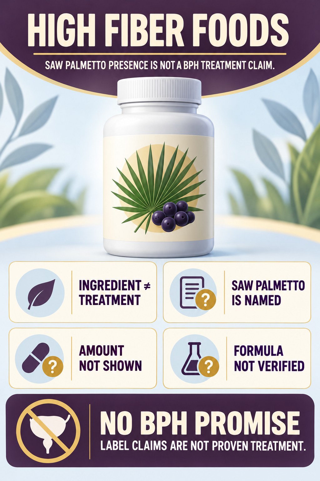 Saw Palmetto Presence Is Not a BPH Treatment Claim prostate supplement label-literacy infographic for High Fiber Foods with four careful reading points.