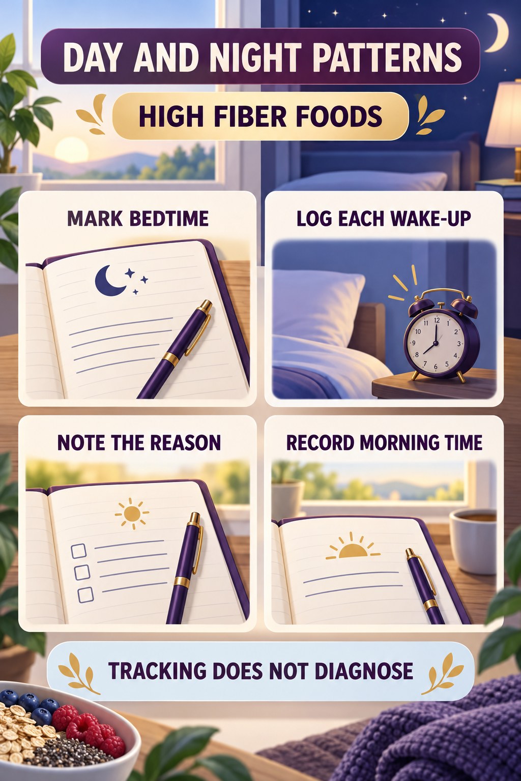 Separate Daytime and Nighttime Patterns urinary symptom tracking infographic for High Fiber Foods with four practical diary points and a non-diagnostic reminder.