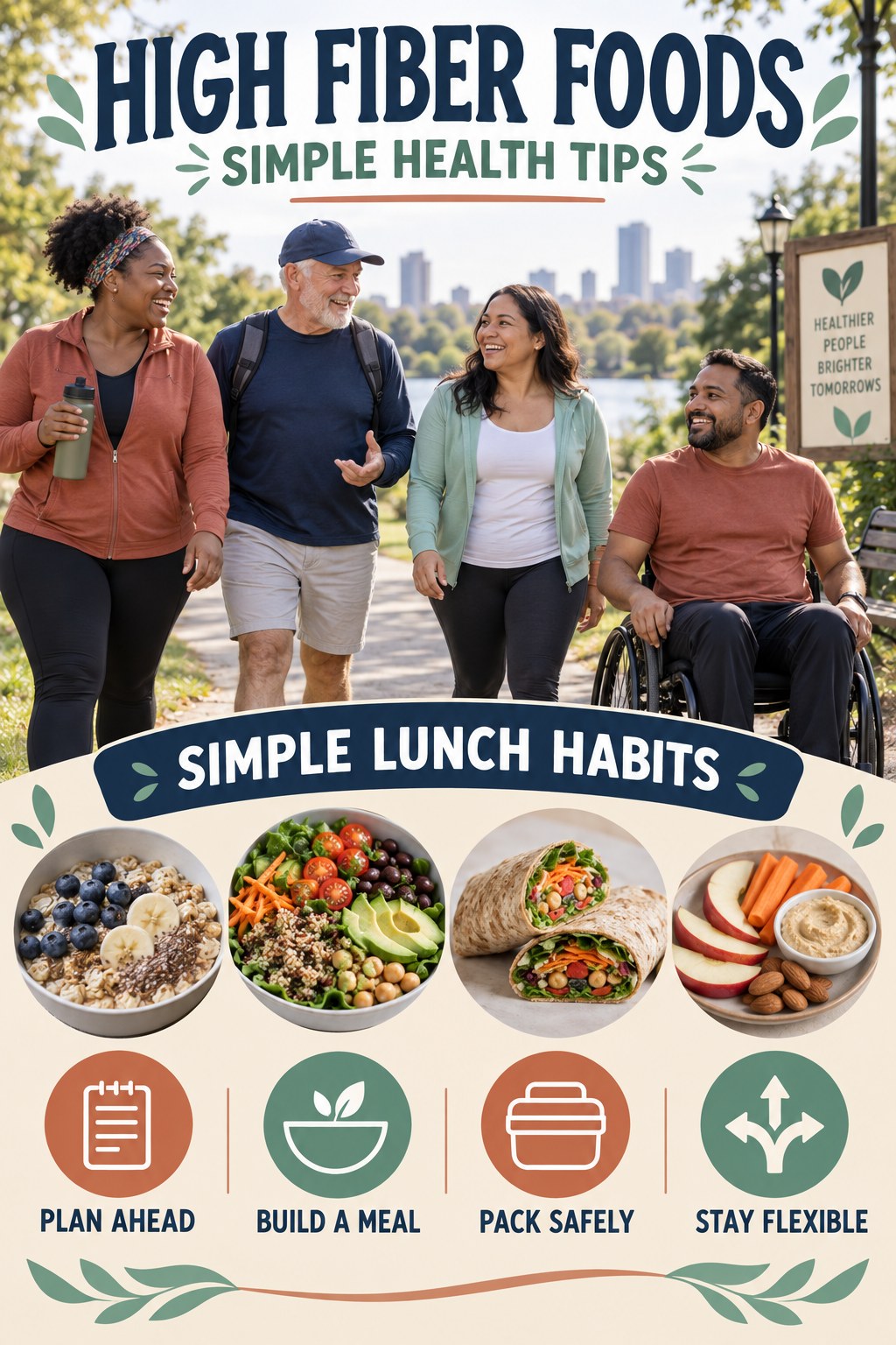 High Fiber Foods simple-health graphic titled Simple Lunch Habits with four practical wellness prompts.